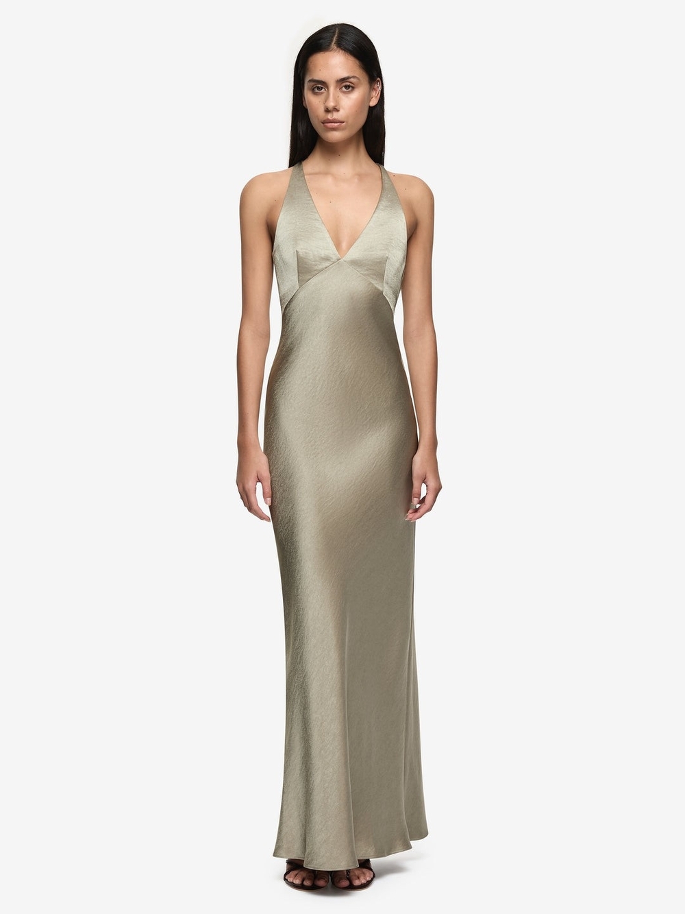 Satin V-Neck Maxi Dress in Sage